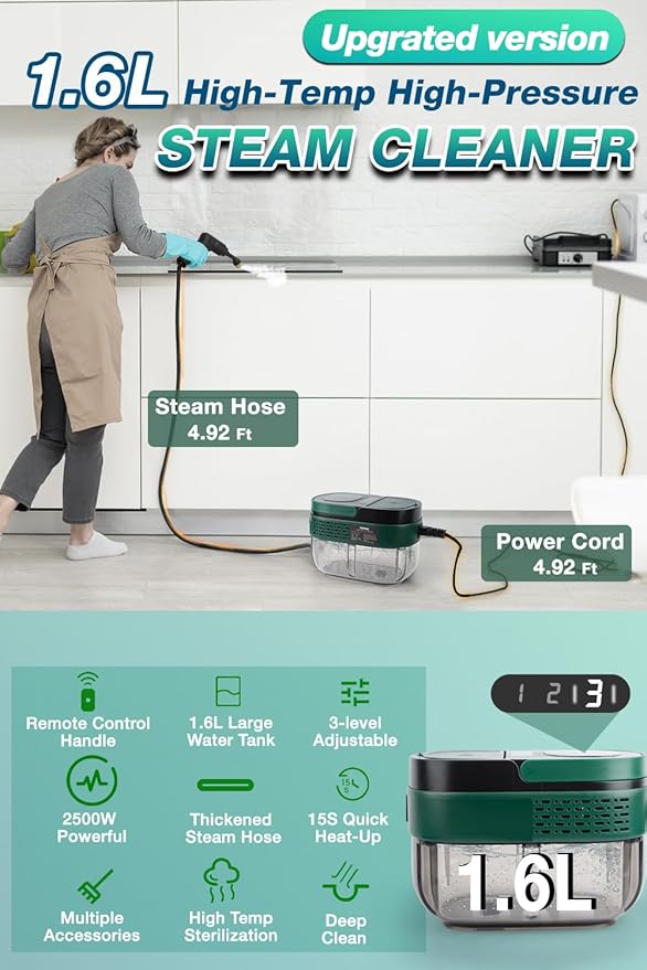 Handheld Steam Cleaner with Handle Control 1.6L Large Water Tank 3-Level Adjustable Thickened Hose Portable Steam Cleaner High Temperature Pressurized Steamer for Home Kitchen Car (Dark Green)