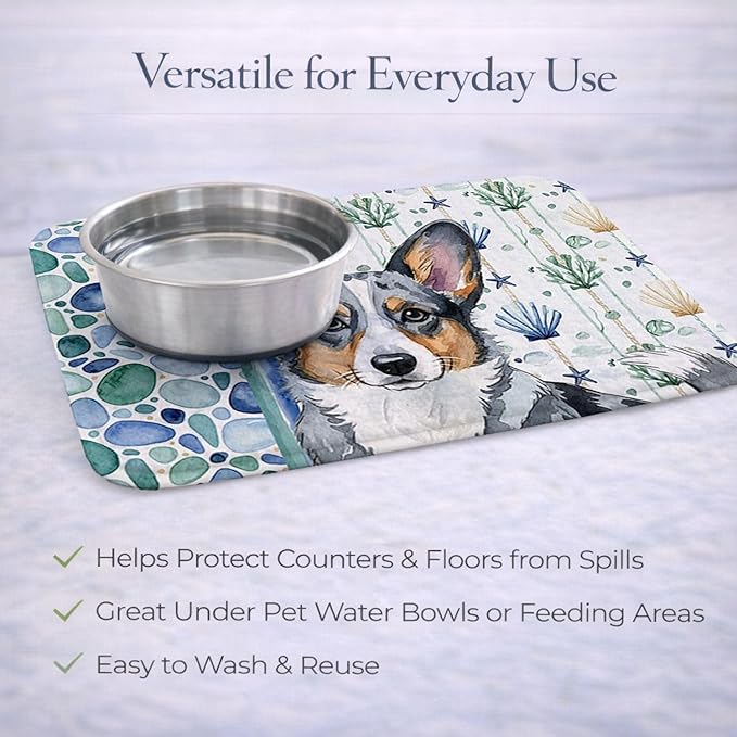 Caroline's Treasures Blue Merle Cardigan Welsh Corgi Coastal Sea Glass Dish Drying Mat Absorbent Dish Drying Mat Pad for Kitchen Counter Dish Drainer Mat for Countertop 14 x 21 Multicolor