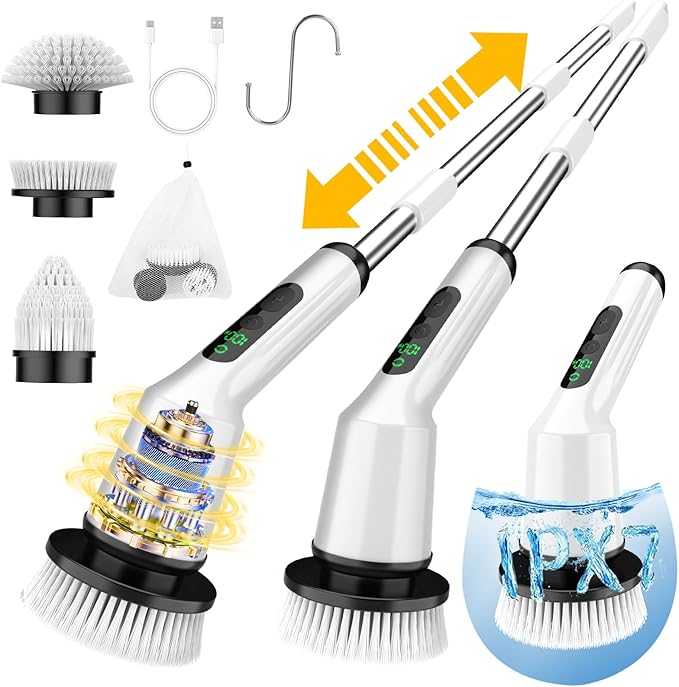 Electric Spin Scrubber for Cleaning Bathroom Shower Scrubber Cordless Cleaning Brush with IPX7 Waterproof &amp 2 Speed 3 Brush Heads Bathroom Cleaning Supplies for Shower Tub Kitchen Tile Toilet W