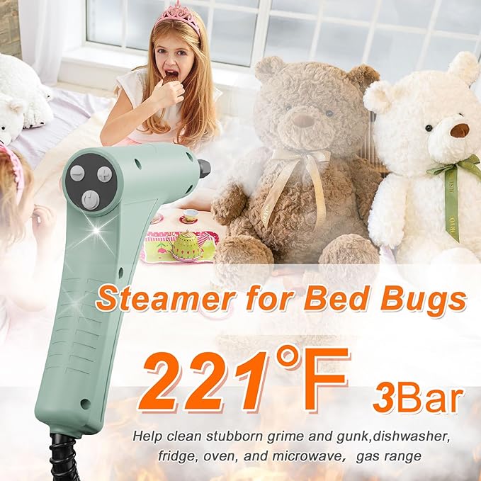 Steam Cleaner Handheld Steam Cleaner with 6 Levels Adjustable Handle 1.5L Water Tank Steamer for Cleaning Portable Steam Cleaner for Home Car Furniture Couch Bed Bugs (Green)