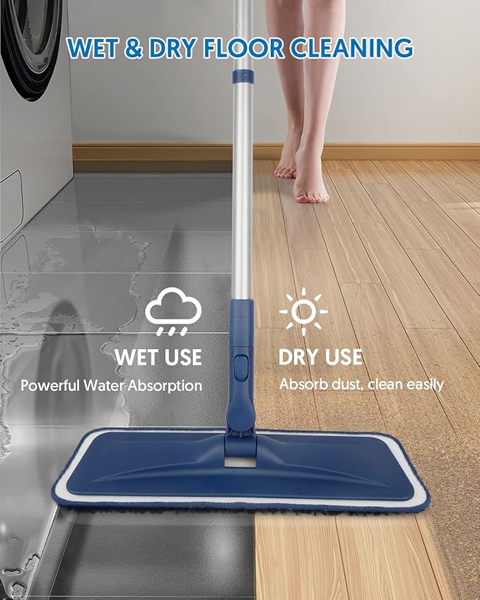 Grey Flat Floor Mop with 4 Washable Microfiber Pads for Mopping+ Blue Flat Floor Mop with 4 Reusable Chenille Pads for Dusting