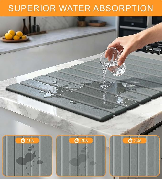 Stone Dish Drying Mat for Kitchen Counter 24(L)×16(W) Collapsible Fast Drying Diatomaceous Earth Mats with Towel Sanding ToolVersatile Stone Drying Mats for Cups Dishes Bottles Bathroom -Gray