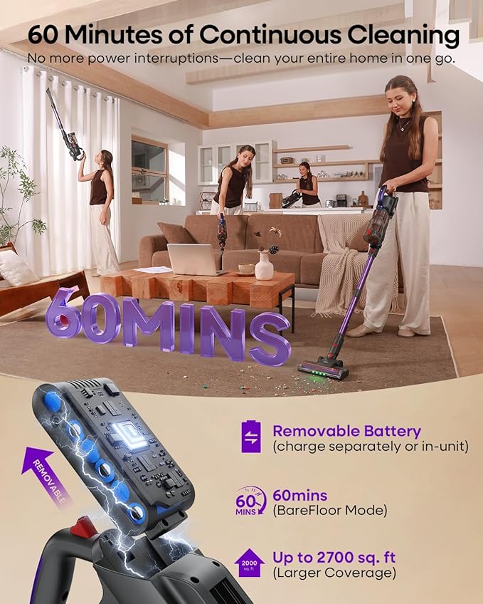 AlloyMove Cordless Vacuum Cleaner 45KPA Up to 60mins Runtime Lightweight Powerful Suction Vacuum Cleaners for Home 3 Suction Modes Rechargeable Stick Vacuum for All Floor/Carpet/Pet Hair/Car A03
