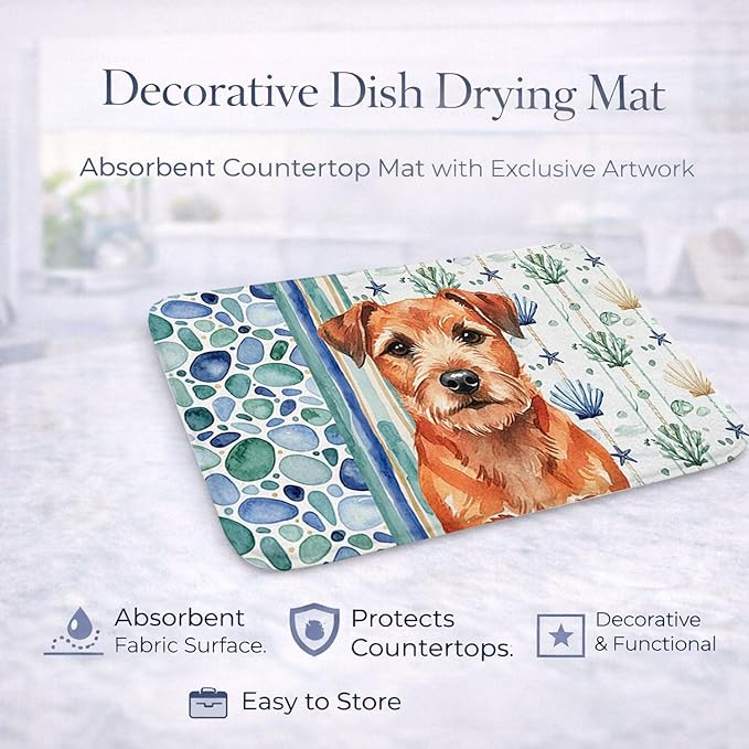 Caroline's Treasures Red Border Terrier Coastal Sea Glass Dish Drying Mat Absorbent Dish Drying Mat Pad for Kitchen Counter Dish Drainer Mat for Countertop 14 x 21 Multicolor