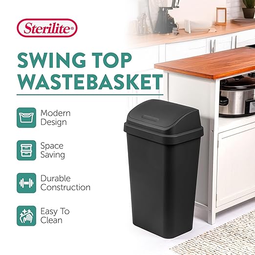 Sterilite 4-Pack Swing Top Wastebasket Sleek Square Profile Trash Can 13 Gallon Black - Modern Garbage Bin for Kitchen Bathroom Garage and Workspace Fits 13 Gal Liners