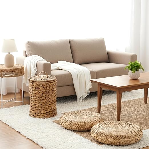 1.5 Gallons Wicker Trash Can with Lid Handle Boho Woven Braided Bathroom Waste Basket Trash Can Large Woven Bin for Office Bedroom Living Room Kitchen (Natural Braided Wicker Round)