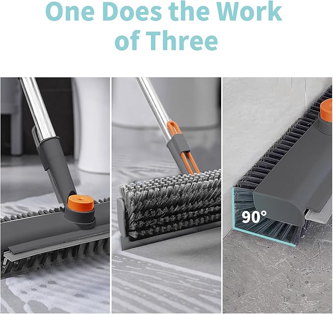 Floor Scrub Brush with Long Handle 3 in 1 Scrape and Heavy-Duty Stiff Bristle Scrubber Brush for Cleaning Shower Bathroom Patio Pool Garage Kitchen Wall and Deck (Gray 2 Pack)