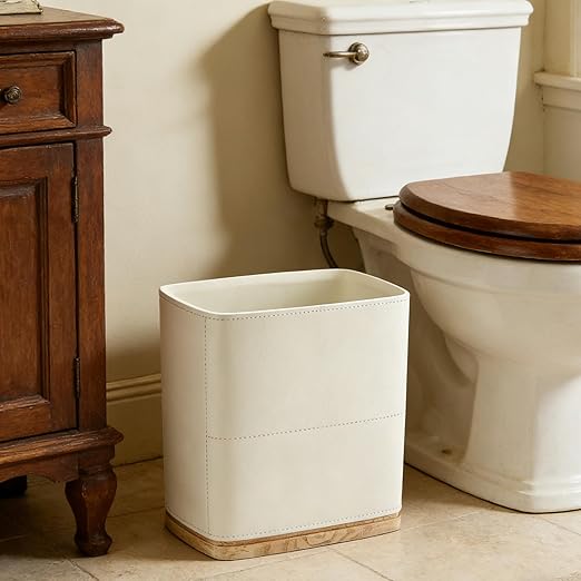 Polytree Bathroom Trash Can 1.8 Gallon(7 Liter) Small Kitchen Garbage CanDecor Wastebasket for Bedroom OfficeResin Hand-Carved Leather Beige