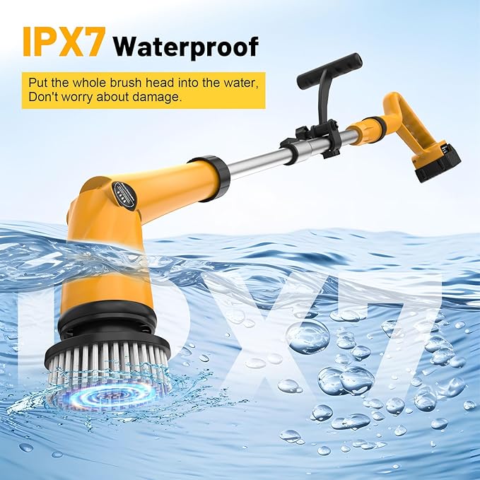 1500 RPM Electric Spin Scrubber for DeWalt 20V Battery Power Shower Scrubber for Bathroom/Floor/Bathtub/Toilet/TileElectric Cleaning Brush with Long Handle &amp 8 Replaceable Brush (Yellow)