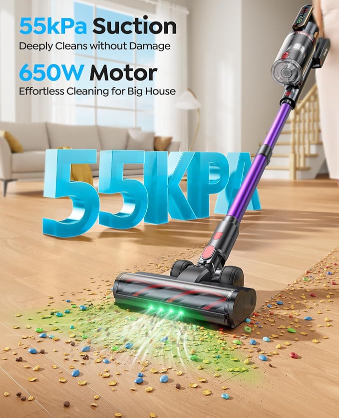 Cordless Vacuum Cleaner 55KPa 650W 70Mins Stick Vacuum Cleaners for Home with Pet Brush 3.3Ft Hose Wall Mount Charging Auto Mode Touchscreen Self-Standing Vacuum for Pet Hair/Carpet/Car Ultra10