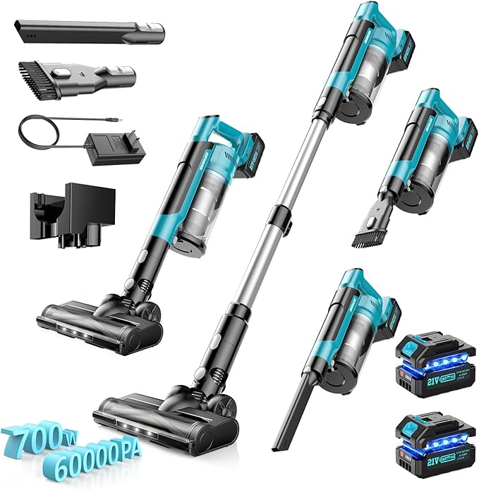 8000mAh Cordless Vacuum Cleaner 700W 60Kpa Brushless Vacuum Cleaners for Home 6 in 1 Cordless Stick Vacuum Clearner Stick Vacuum with Led Display for Hard Floors/Carpet/Pet Hair/Dorm