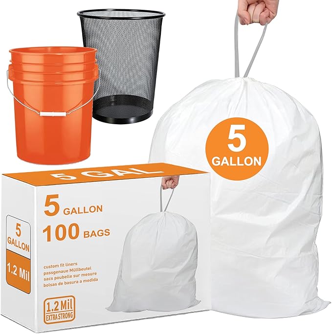 5 Gallon Heavy Duty Trash Bags 1.2 Mil THICK Reinforced Drawstring | Pre-Separated Liners for Kitchen Bedroom Bathroom Office for 5 Gallon Bucket &amp Mesh Trash Can | Tear &amp Leak Resistant 100