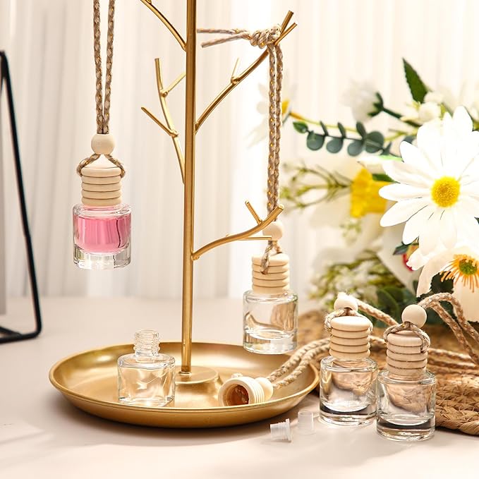 BBTO 200 Pcs Hanging Car Diffuser Bottles Bulk Empty Clear Glass Air Freshener Bottles with Wooden Cap for Perfume Essential Oils Fragrance Aromatherapy Ornament(Cylinder)