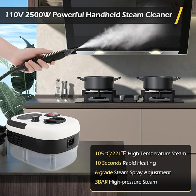 Handheld Steam Cleaner 2500W 6 Gears Multipurpose High Pressure High Temp with 1.2L for Home Car Kitchen Cleaning (US Plug 110V)