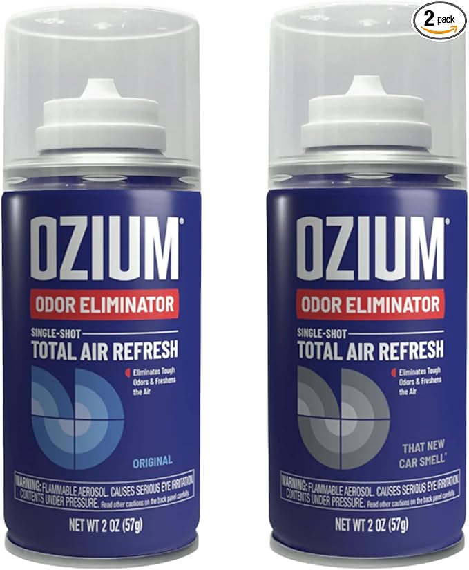 Ozium Air Sanitizer 2 oz Car Fogger: Single-Shot Smoke Odor Eliminator &amp Car Air Freshener (Original+That New Car Smell 2 Pack Variety)