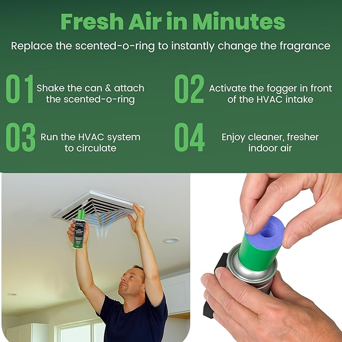 HVAC Air Deodorizer &amp Mold Treatment Fogger 3-Pack with 3 Scented O-Ring Pads | Air Duct Freshener for HVAC &amp AC Vents | Plant-Based Thymol Fogger for Home Car &amp Commercial Spaces