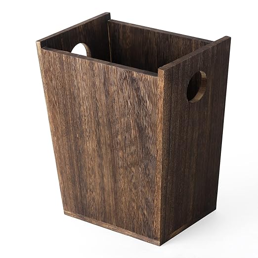 Wood Trash Can Wastebasket Small Rectangular Farmhouse Rustic Garbage Bin with Handles for Bedroom Bathroom Kitchen Office Brown