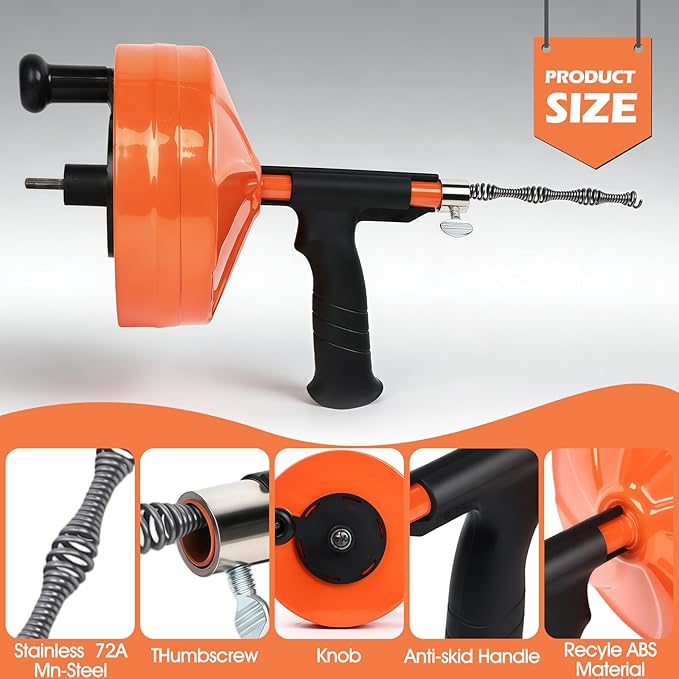 50 Ft Drain AugerUse Manually or Drill Powered 50 Foot Drain SnakeHeavy Duty Flexible Plumbing SnakeWith Gloves and Storage Bag for Kitchen Sink Shower Drain (50FT Orange)