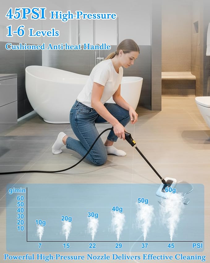 Steam Cleaner for Home - 1600ML Water Tank 15s Heat-Up Portable Steamer for Cleaning 6 Level Adjustable 2500W 45PSI 250°F Steam Handheld Steam Cleaner for Car Detailing Grease TileGrout