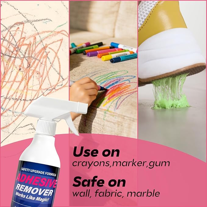 Adhesive Remover Spray for Sticky Residue - Heavy Duty Sticker Eraser for Cars Glass Plastic Metal - Cleans Decals Glue Crayon Tar Gum &amp Labels - Surface Safe Formula