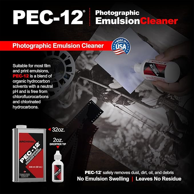 PEC-12 Photographic Emulsion Cleaner - Remove Non-Water Based Stains Grease &amp Ink from Emulsions and Bases - For Cleaning 35mm Film Photo Negative B&ampW Slide (32oz)