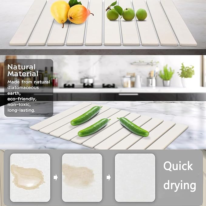 Stone Drying Mat for Kitchen Counter Stone Dish Drying Mat Foldable Super Absorbent Diatomaceous Earth Quick-drying Draining Mat for any Kitchen Countertop (White B 23.6”x15.4”)