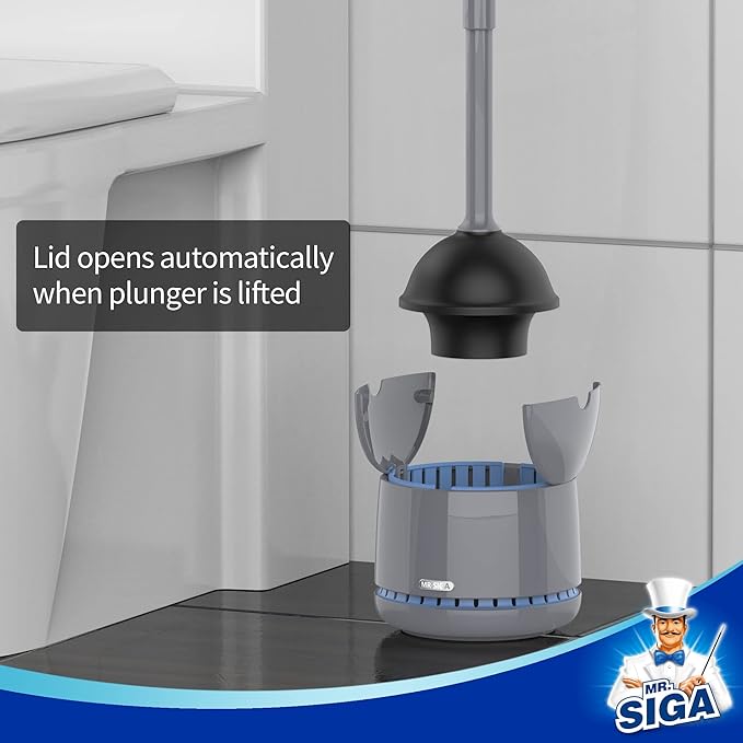 MR.SIGA Toilet Plunger with Holder Heavy Duty Plunger with Sturdy Handle for Toilet Cleaning Gray