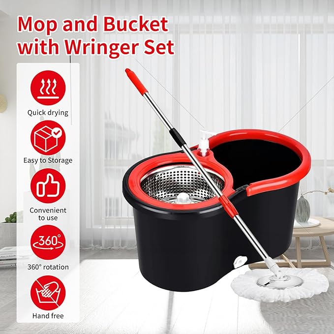 Operable 360 ° Rotating Mop Bucket SetMop and Bucket with Wringer Setwith 3 Microfiber Replacement HeadStainless Steel Mop Bucket 61 Inch Adjustable Handle Household Cleaning Tools（2 Sets