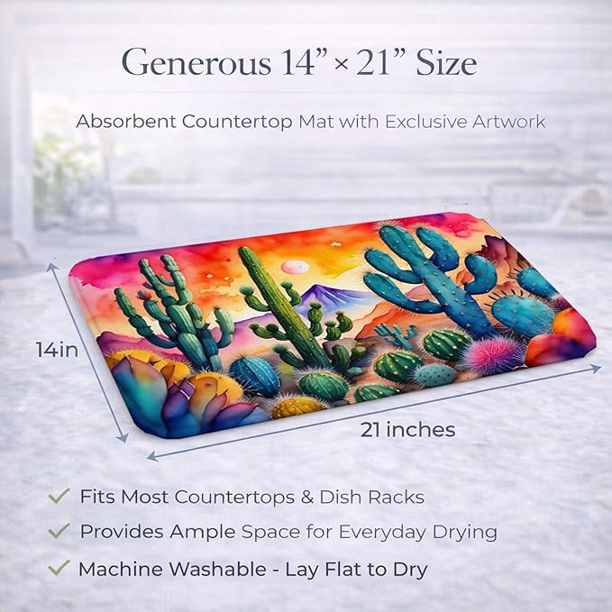 Caroline's Treasures DAC1415DDM Cactus in Color Dish Drying Mat Absorbent Dish Drying Mat Pad for Kitchen Counter Dish Drainer Mat for Countertop 14 x 21 Multicolor