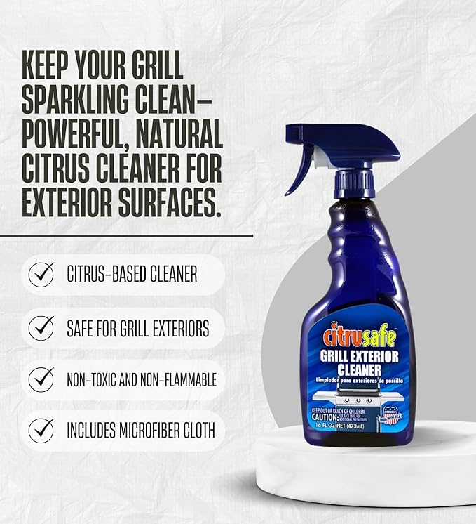 Citrusafe Grill Exterior Cleaner 16 oz Liquid – Bundle with Microfiber Cloth – Powerful BBQ Grill Cleaner for Outdoor Grills Removes Grease &amp Residue – Gift Set (2 Items)