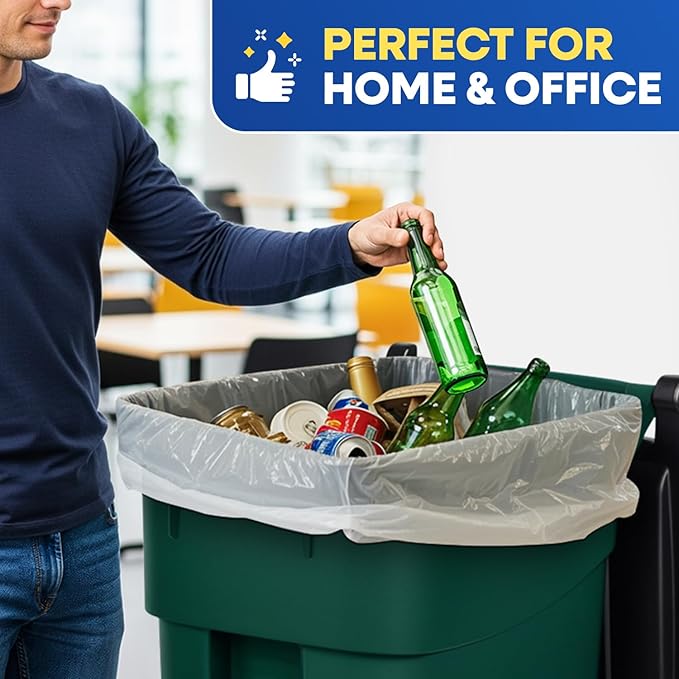 55-60 Gallon Trash Bags 1.5 Mil Fits Rubbermaid Brute Round and Square 32-55 Gallon Rollout Containers 43x47 Trash Can Liners Clear Garbage Bags 55 Gallon Pack of 100