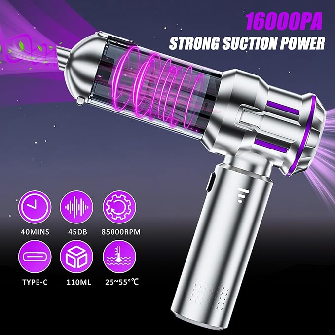 Handheld Car Vacuum Cordless Mini Vacuum Cleaner Rechargeable 16000Pa Hand Held Vacuum Cleaner Portable Small Vacuum with Multi-Nozzles Dust Duster for Car Home Office Pet (Silver Purple)