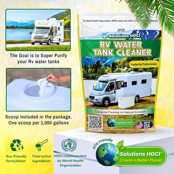 SolutionsHOCL® RV Water Tank Cleaner &amp Descaler 400g | Bleach-Free Powder for Fresh &amp Gray Tanks | Made with NSF/ANSI 60 Certified Ingredients