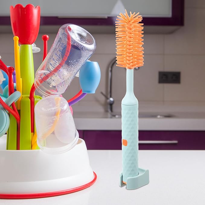MERRYHAPY Electric Silicone Bottle Brush Set with 360° Detachable Cleaning Head Electric Glass Cup Cleaner for Feeding Bottles Blue 3pcs Kit for Home and Travel