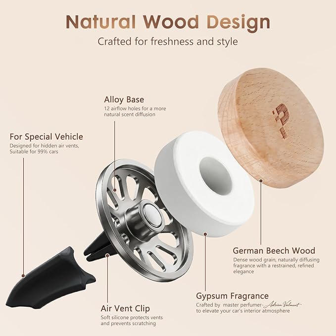 Wooden Car Air Freshener Vent Clip Refillable Essential Oil Diffuser with Long-Lasting Natural Scent European Beech Wood &amp Metal Auto Deodorizer Includes 2 Clips + 4 Plaster Refill Pads