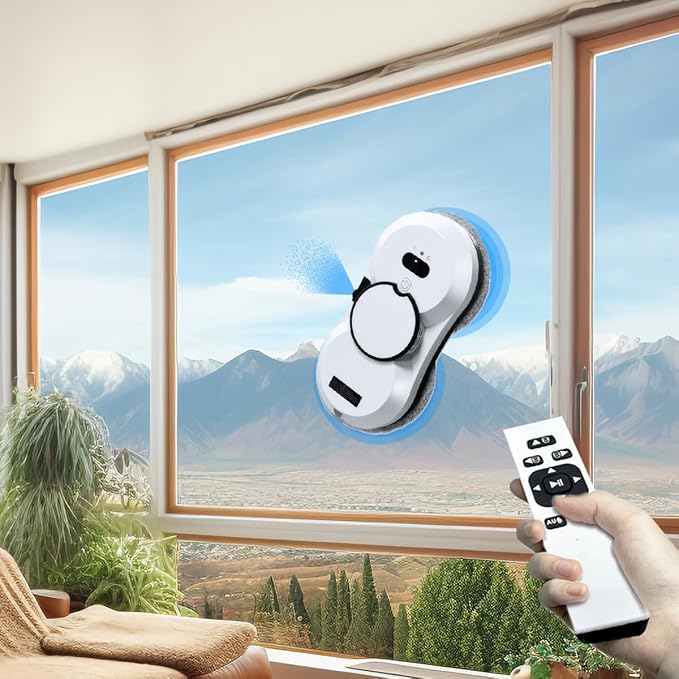 Robot Glass Cleaner Remote Control Robot Window Washer Automatic Double Spray Trajectory Planning Suction 5600 Pa Remote Control for All Smooth Surfaces