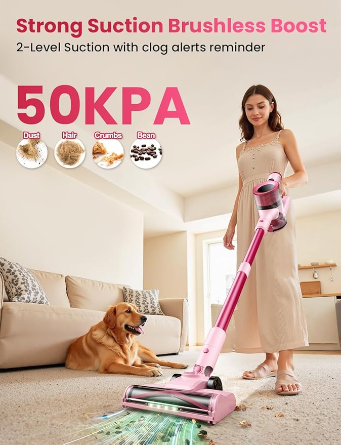 Dzaki Cordless Vacuum Cleaner Stick Vacuum with Smart LED Display 50KPA 55Mins Vacuum Cleaners for Home Powerful Suction Anti-Tangled Lightweight Rechargeable Vac for Pet Hair Carpet