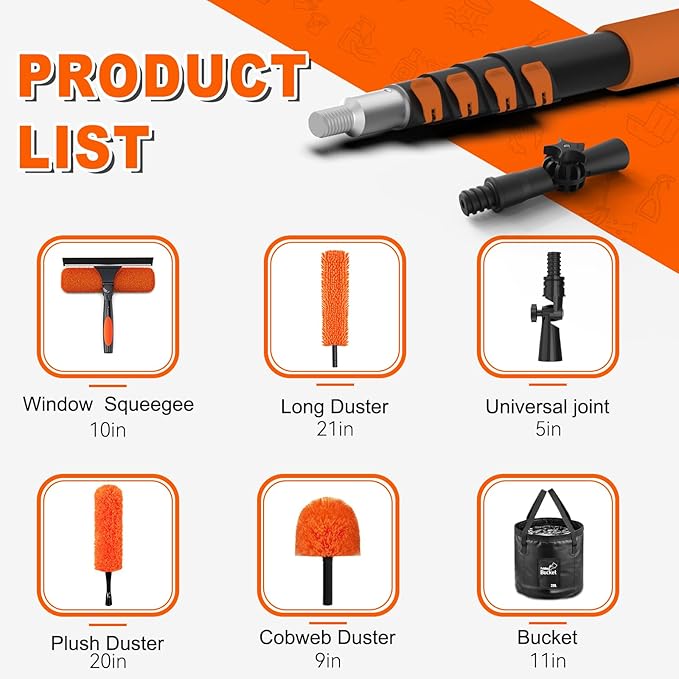 26FT Reach High Ceiling Duster Kit Window Cleaning kit with 5-20FT Extension Pole Fan Duster for Ceiling Fan Blades Microfiber Feather Duster Window Squeegee Bucket and Cobweb Duster