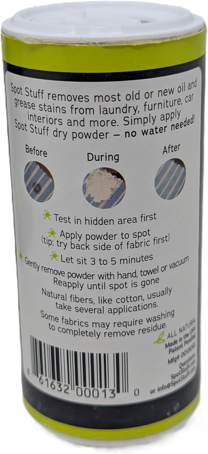 Spot Stuff Oil &amp Grease Stain Remover – All-Natural No Water Needed Dry Powder Formula – Works on Clothing Upholstery &amp Auto Interiors – 26g Shaker Bottle (Pack of 6)