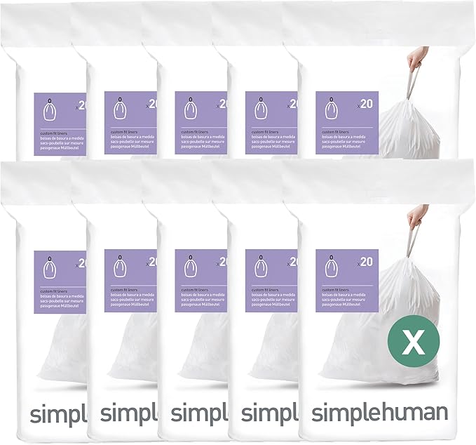 simplehuman Code X 200 Count Dispenser Pack Custom Fit Liners Drawstring Trash Bags 80 Liter / 21.1 Gallon White
