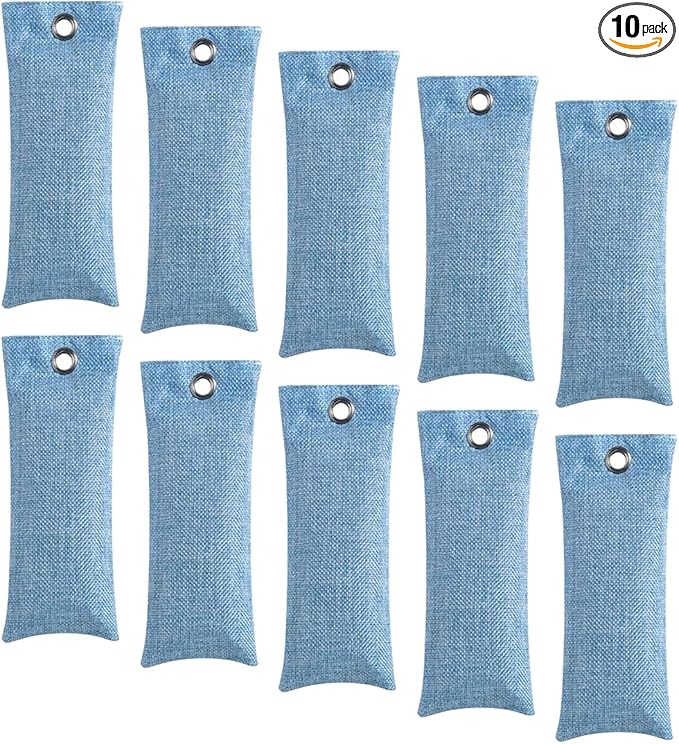 Activated Charcoal Air Purifying Bag (10 Pack 75g Each) Bamboo Charcoal Odor Absorber Air Freshener for Shoes Closet Car Blue