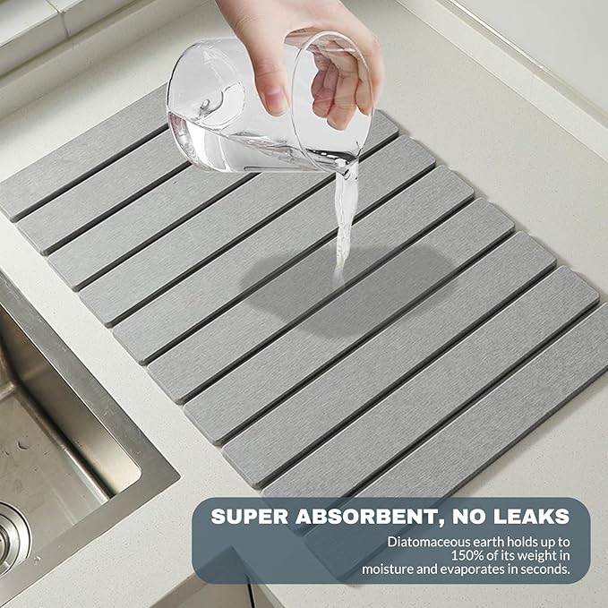 AIFLM Large Stone Dish Drying Mats for Kitchen Counter  Quick Dry Absorbent Collapsible Dish Drying Mat 24”(L)x16”(W) Diatomaceous Earth Mats for Dishes Bottles CupsMatch Any Countertop