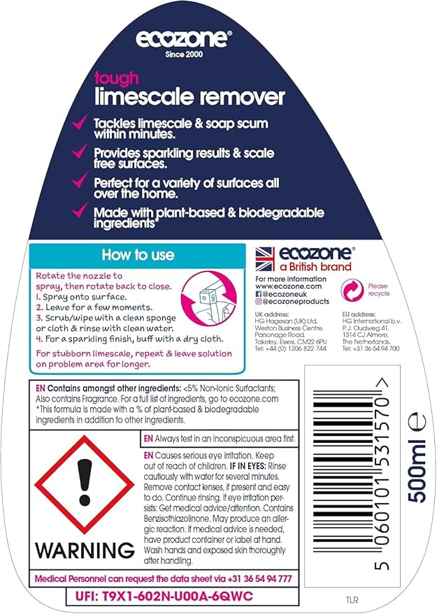 Ecozone Tough Limescale remover spray. Pack of 3
