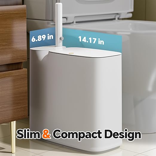 White Plastic Mini Trash Can Toilet Cleaner Stick Toilet Brush Holder 36 Refills 2-Gallon Trash Can with Pop-Out Lid Suitable for Bathrooms and Small Toilets.