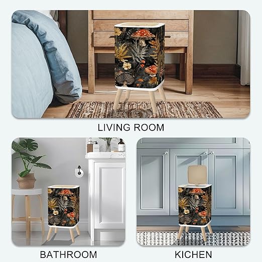 Small Trash Can with Lid Mushroom Seamless Boho Black Brown Mushroom Forest Vintage Mushrooms 2.6 Gallon/10L Garbage Can Waste Bin with Pop-Up Lid Wood Legs Wastebasket for Bathroom Kitchen Bedroom