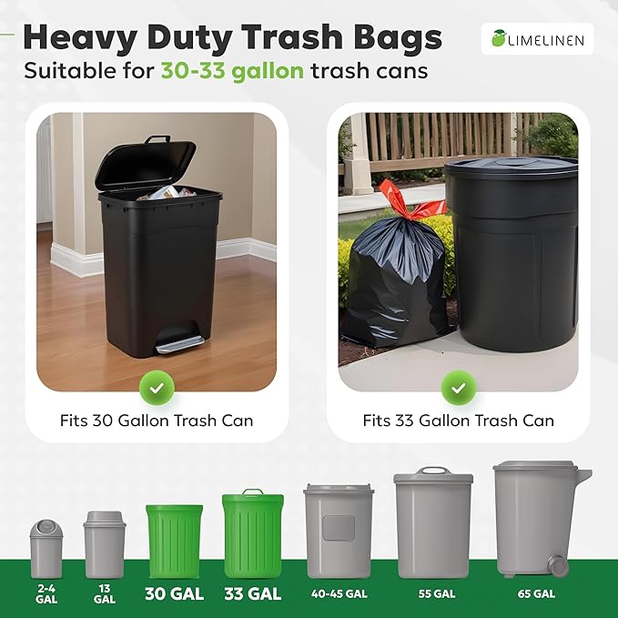 LIMELINEN 30 Gallon Garbage Trash Bags 100 Count 1.2 mil Extra Thick Trash Bags with Drawstring Closure Leak and Odor-Resistant Large Plastic Bags For Office Home Hospital Big Waste Binst