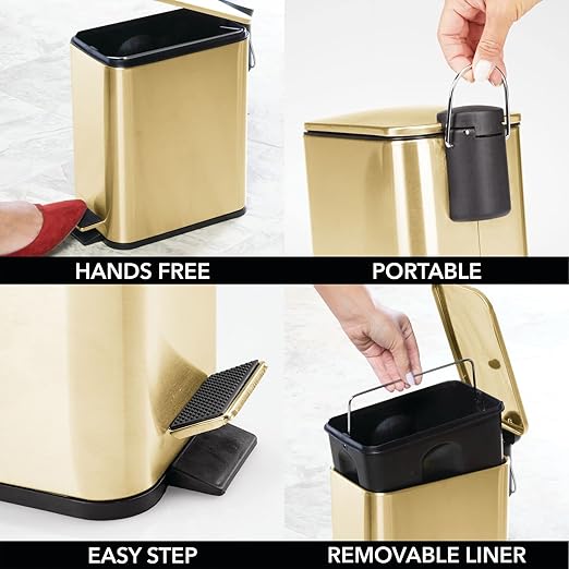mDesign 1.3 Gallon Rectangular Slim Metal Trash Can w/ Foot Pedal Easy-Close Lid Narrow Wastebasket Garbage Container Bin - Bathroom Bedroom Kitchen Home Office Removable Liner- Soft Brass