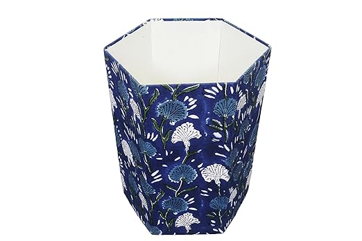 Generic 3.3 Gallon Cotton Hand Block Printed Paper Waste Basket |Small Decorative Trash Can for Housewarming Gifts in Living Room Bedroom Bathroom | Eco-Friendly Plastic-Free (1 BLUE FLOWAR)