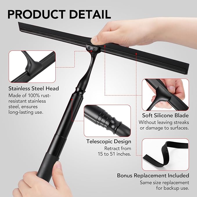 Shower Squeegee for Glass Doors 15-51 Telescopic Shower Squeegee with Long Handle Squeegee for Window Cleaning Extendable Window Cleaner Tool for Tile Walls Sliding Door Floor Car Windshield-BK
