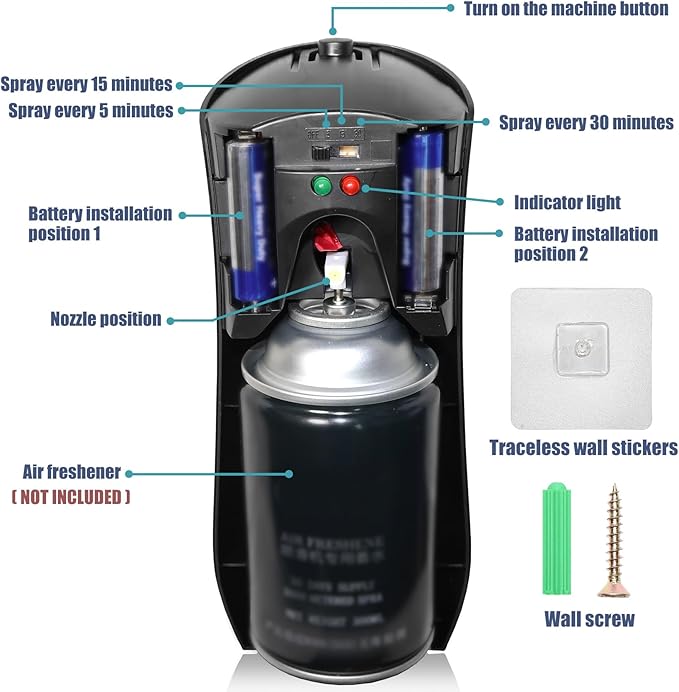 2PCS Automatic Air Freshener Spray DispenserFree Standing or Wall Mounted -Commercial and Home Use-Multiple Time Scent/Mist Release Settings for Room/Restroom//Bathrooms Sprayer (Black)
